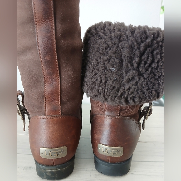 UGG Women's Brown LEATHER Bellvue Ankle Tall SHEARLING Cuff BOOTS shoes Size 8.5 - Picture 9 of 14